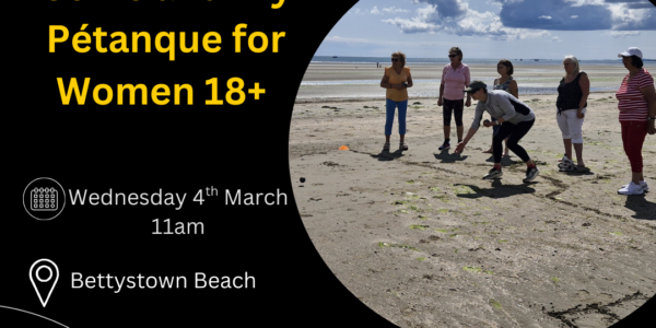 Poster advertising women in sport week image showing women playing boules on the beach