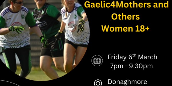 Poster advertising Gaelic programme over women in sport week. Photo showing women playing football