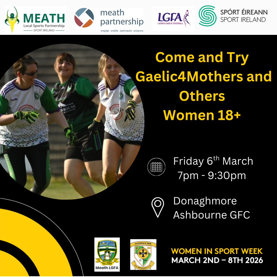 Poster advertising Gaelic programme over women in sport week. Photo showing women playing football