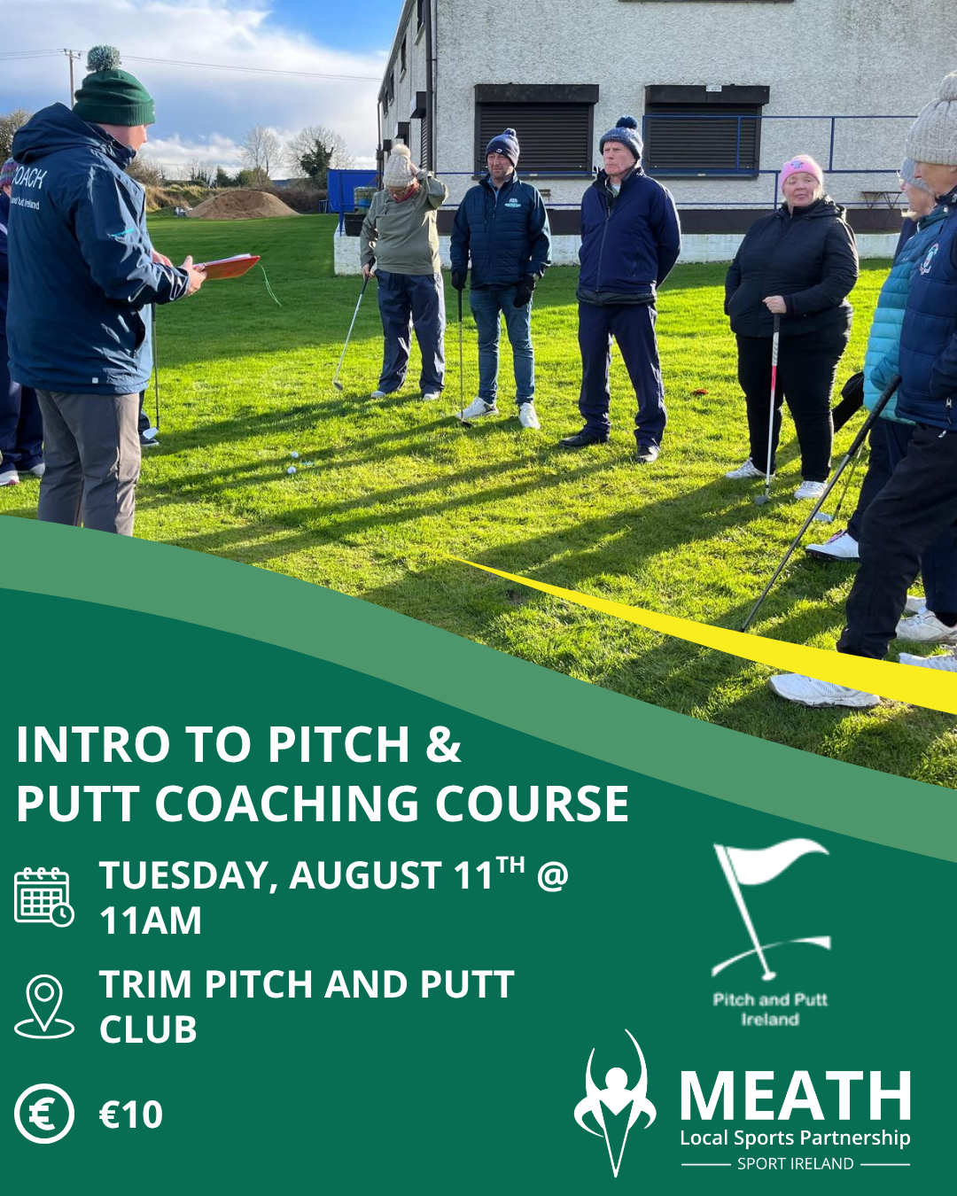 poster advertising pitch and putt coaching course, image of people standing with pitch and putt clubs on a green.