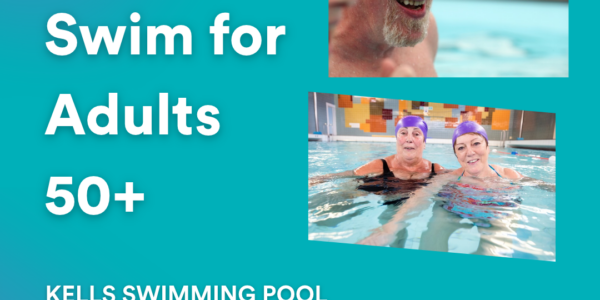 Blue poster promoting swimming for adults 50+ photo of man with green hat in swimming pool and two women swimming