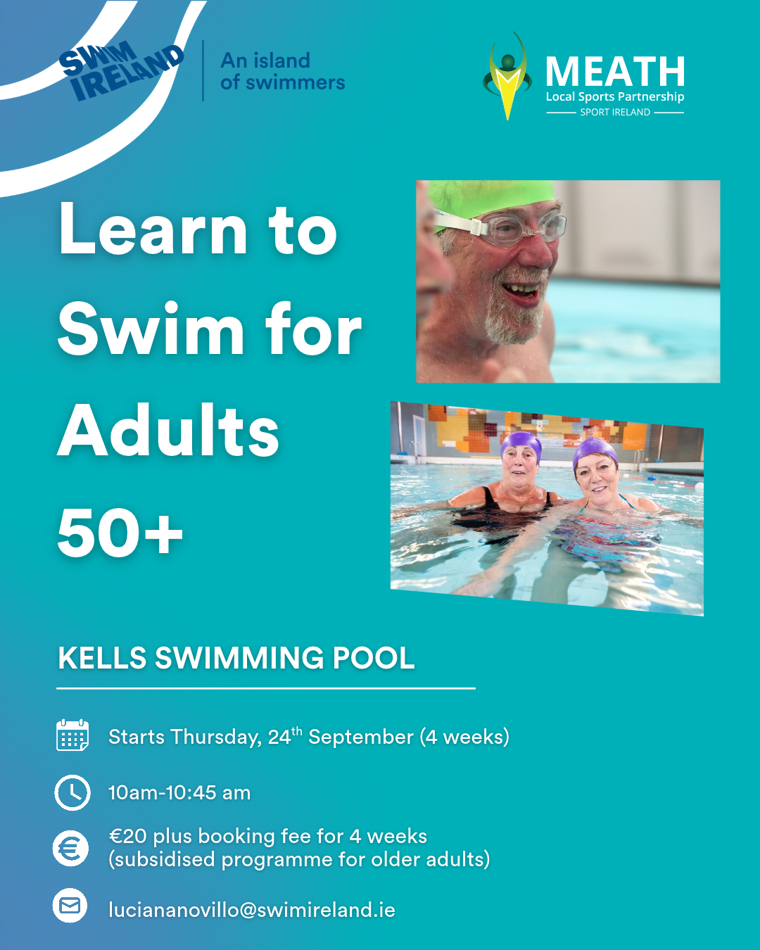 Blue poster promoting swimming for adults 50+ photo of man with green hat in swimming pool and two women swimming